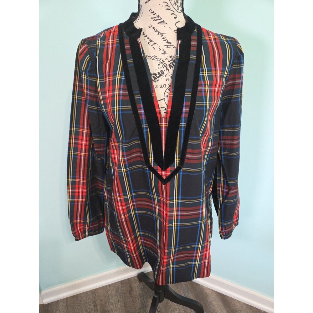 New J Crew Plaid Velvet Trim V Neck Tunic Black Red Stewart Tartan Top small